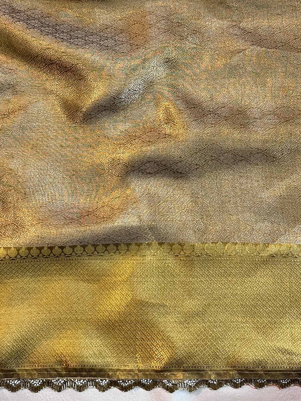 Banarasee Handloom Tissue Saree With Silver Jaal Design & Lace-Gold