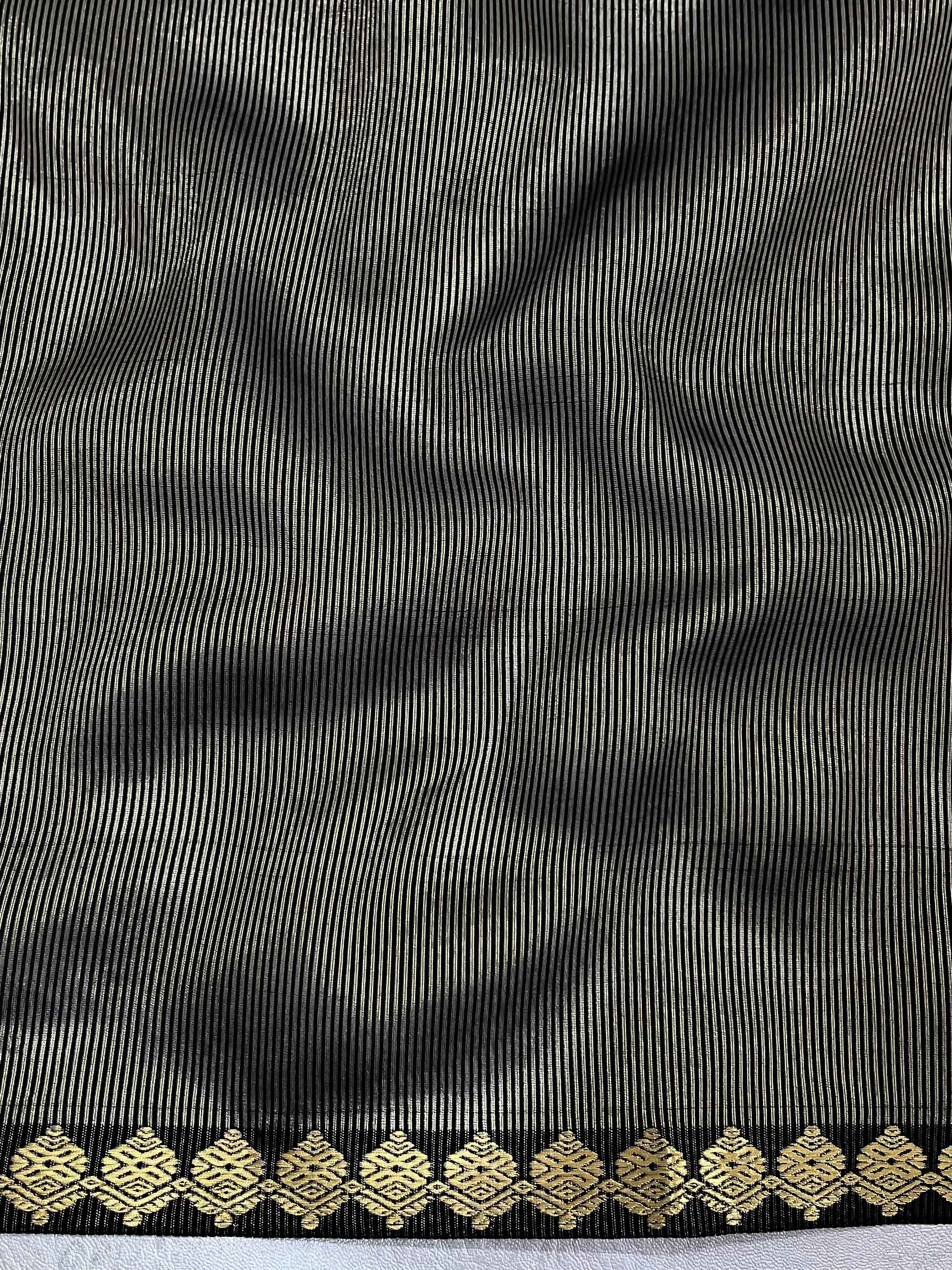 Banarasee Handloom Stripe Pattern Tissue Saree With Zari Border-Black & Gold