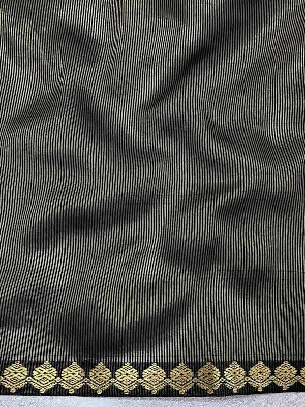 Banarasee Handloom Stripe Pattern Tissue Saree With Zari Border-Black & Gold