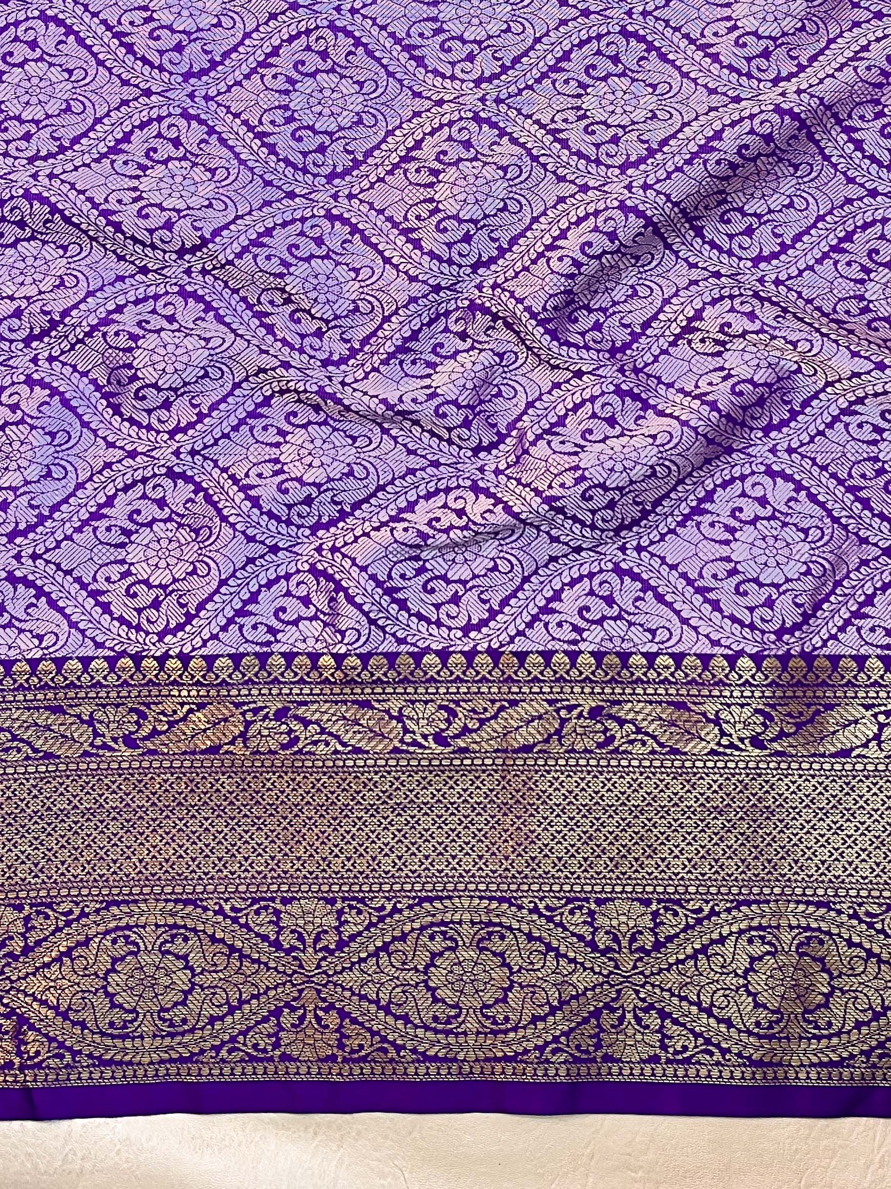Banarasee Handwoven Tissue Saree With Floral Weaving & Board Zari Border-Purple(Dual Tone)