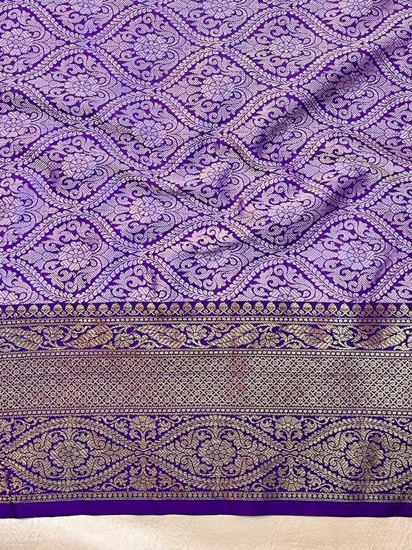 Banarasee Handwoven Tissue Saree With Floral Weaving & Board Zari Border-Purple(Dual Tone)