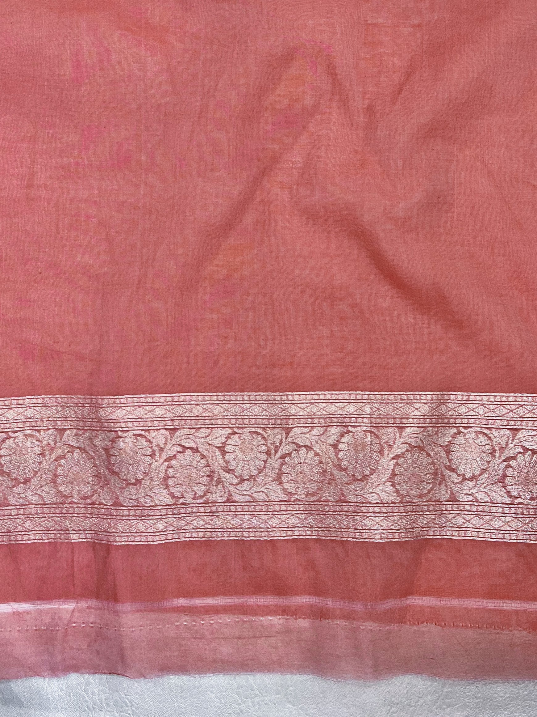 Banarasee Jamdani Cotton Saree With Zari Jaal Work & Floral Border-Peach