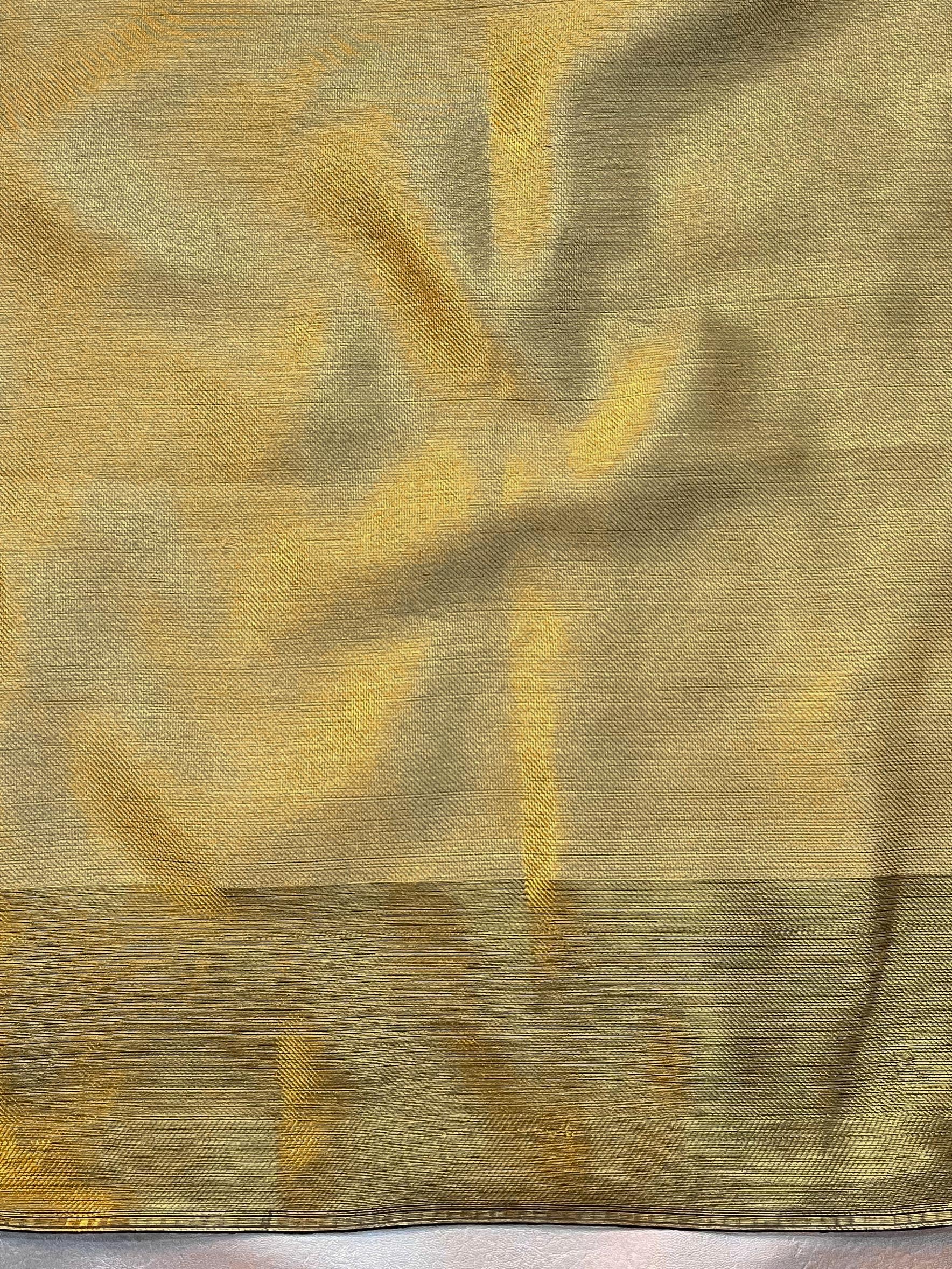 Banarasee Tissue Saree With Floral Weaving & Hand Embroidery Border-Gold