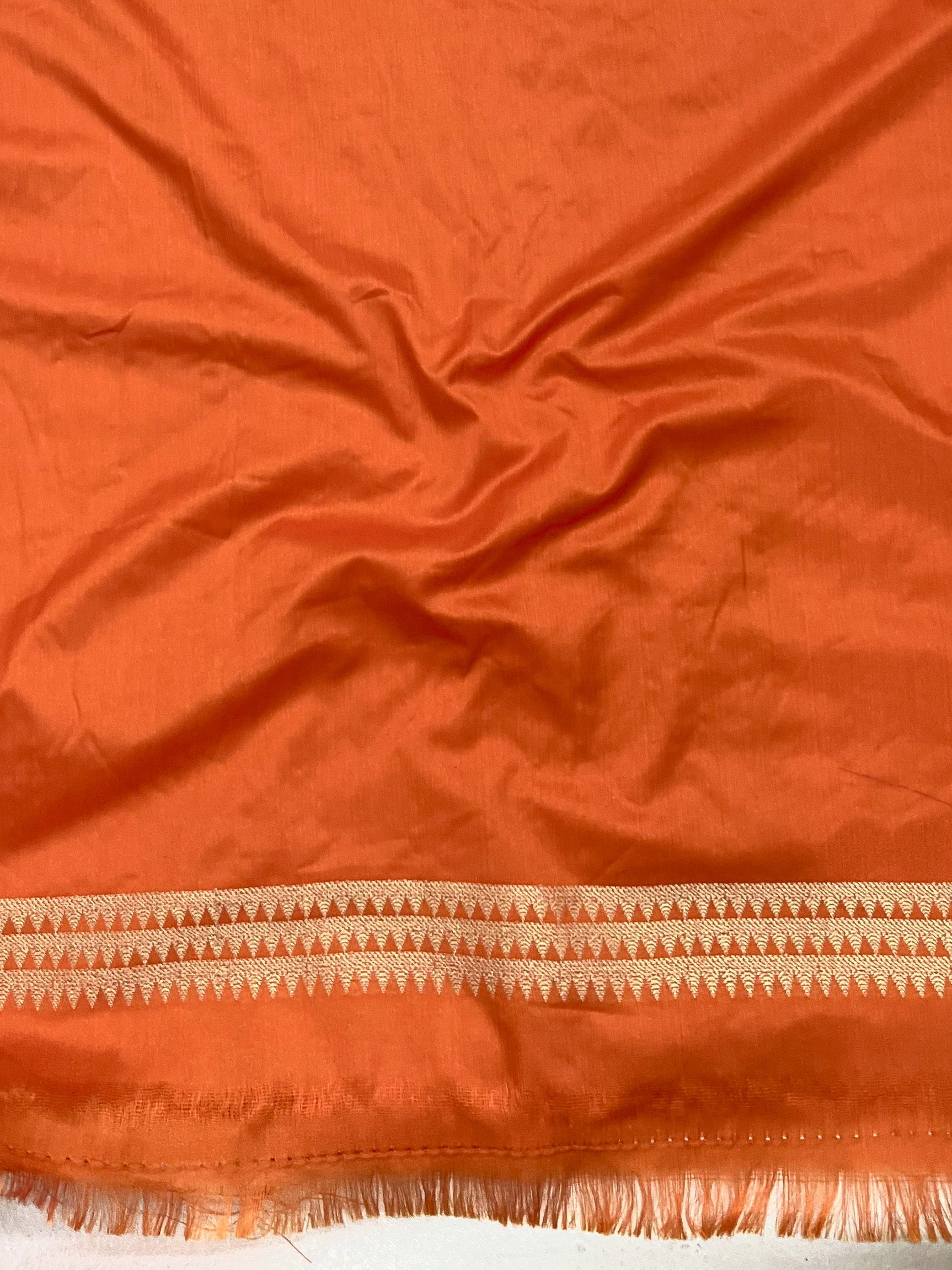 Banarasee Handloom Semi Katan Silk Saree With Zari Buti Work & Contrast Border-Cream & Orange
