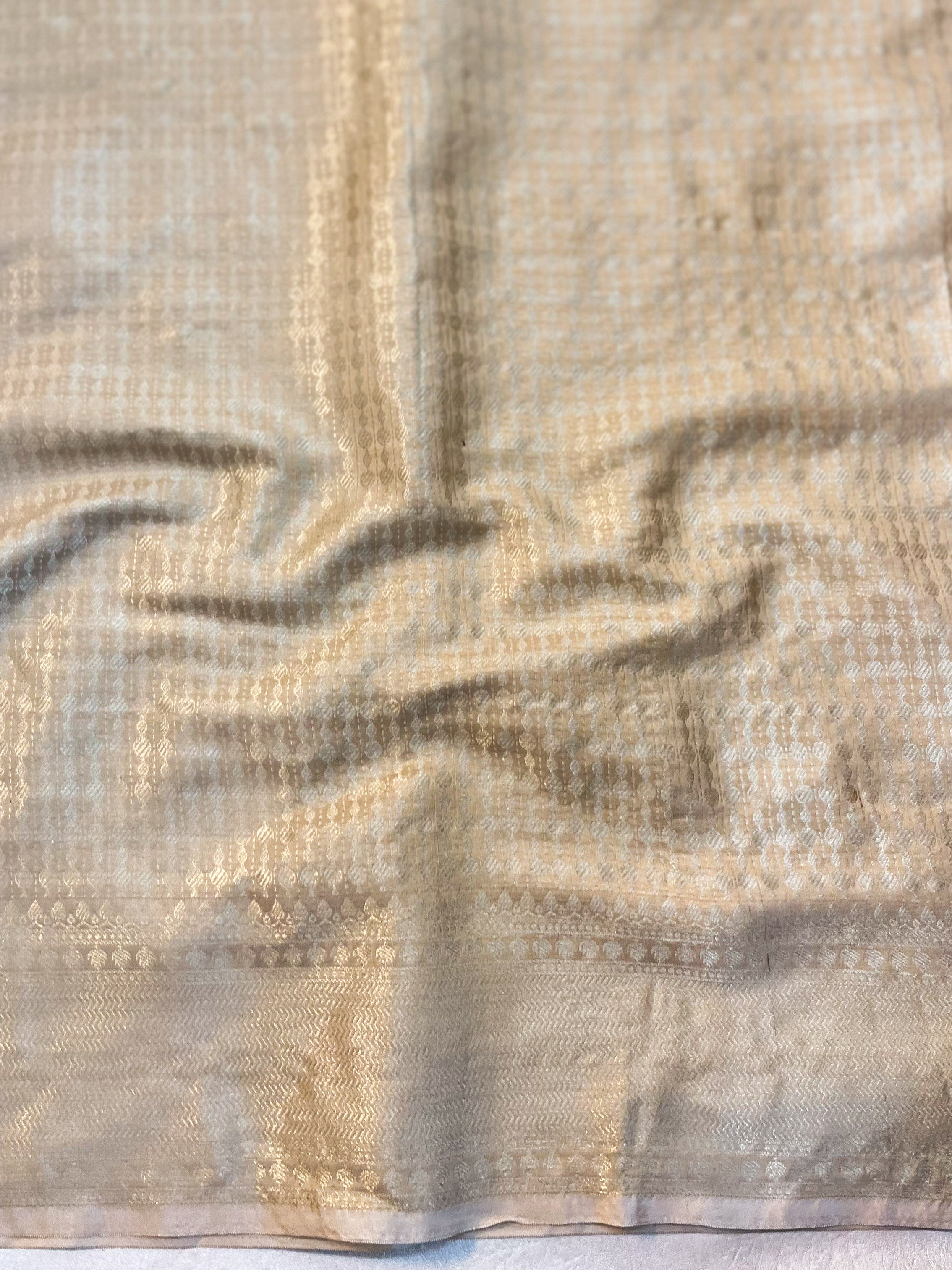 Banarasee Handwoven Semi Silk Saree With Zari Jaal Design & Lace-Beige