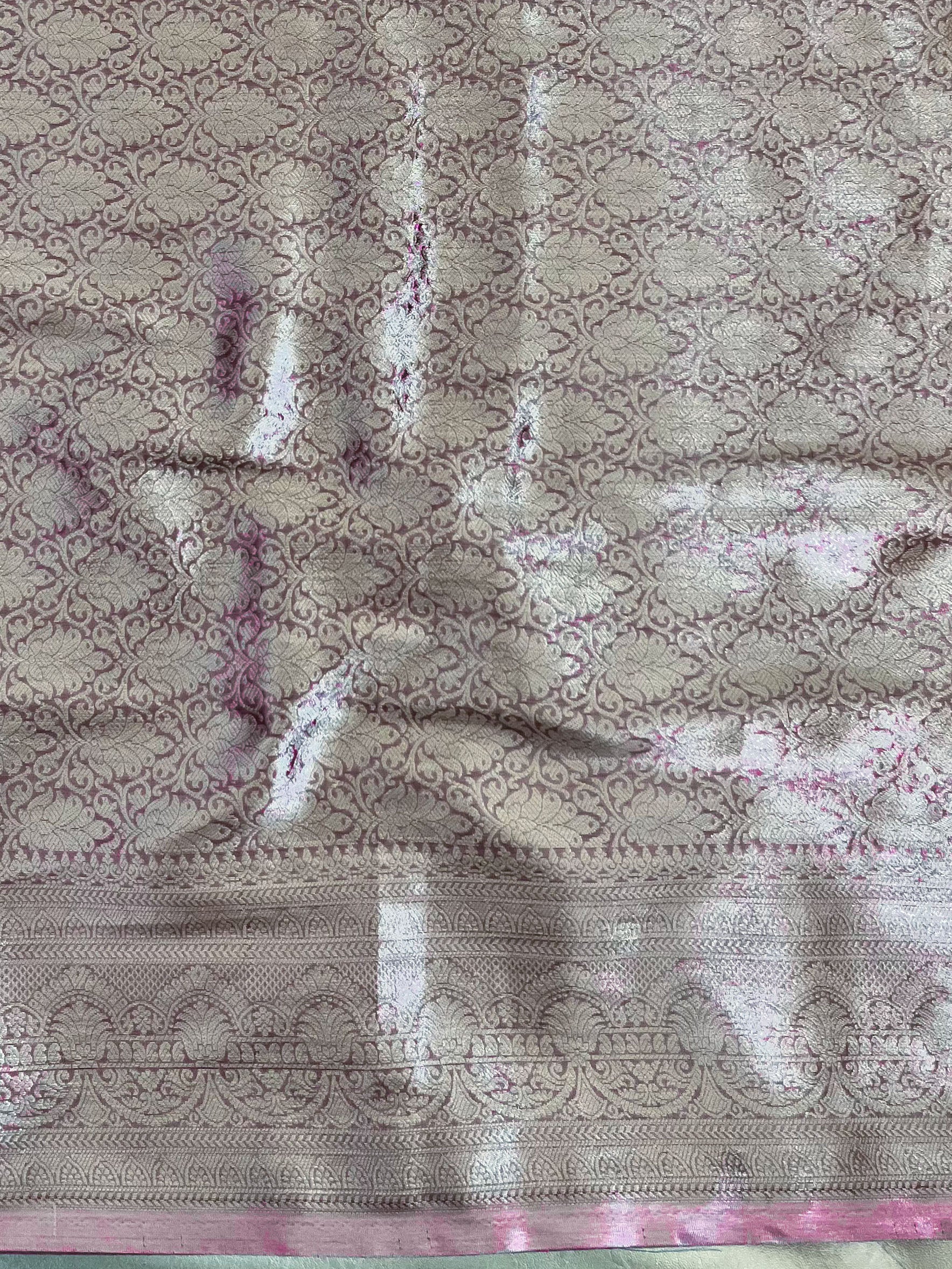Banarasee Handloom Tissue Saree With Silver Zari Jaal Design Broad Border & Lace-Light Purple