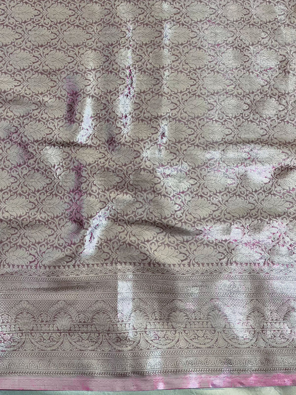 Banarasee Handloom Tissue Saree With Silver Zari Jaal Design Broad Border & Lace-Light Purple