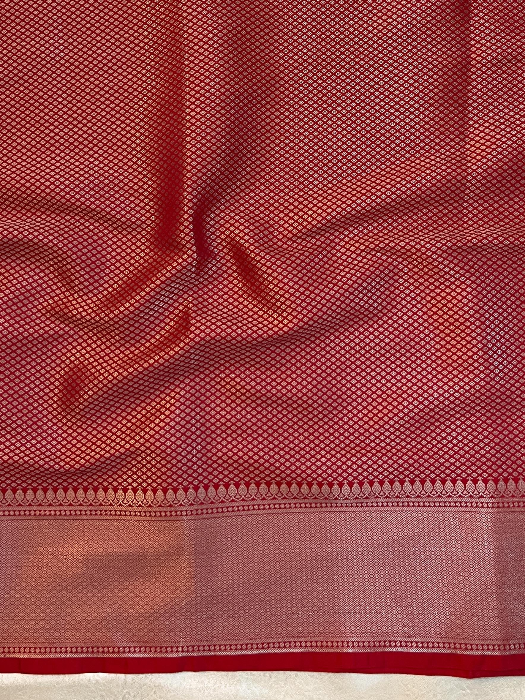 Banarasee Handwoven Semi Silk Saree With Zari Buti Design Floral Border & Lace-Red
