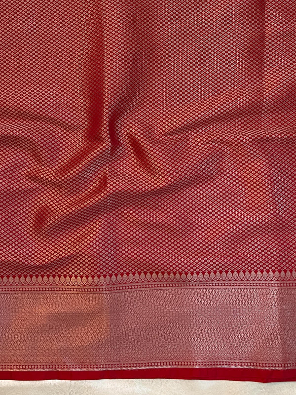 Banarasee Handwoven Semi Silk Saree With Zari Buti Design Floral Border & Lace-Red