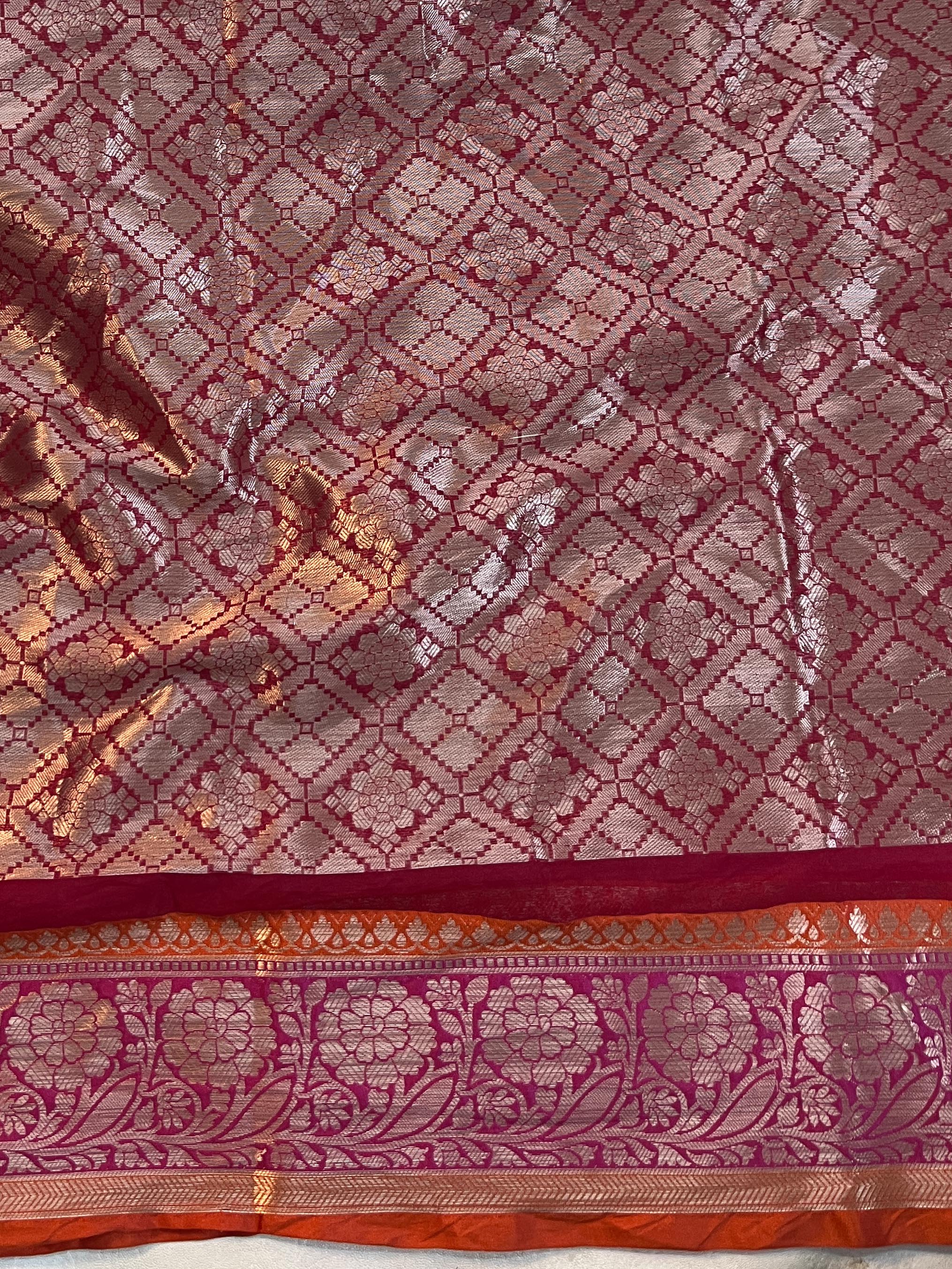 Banarasee Organza Mix Saree With Zari Jaal Design & Contrast Border-Yellow & Pink