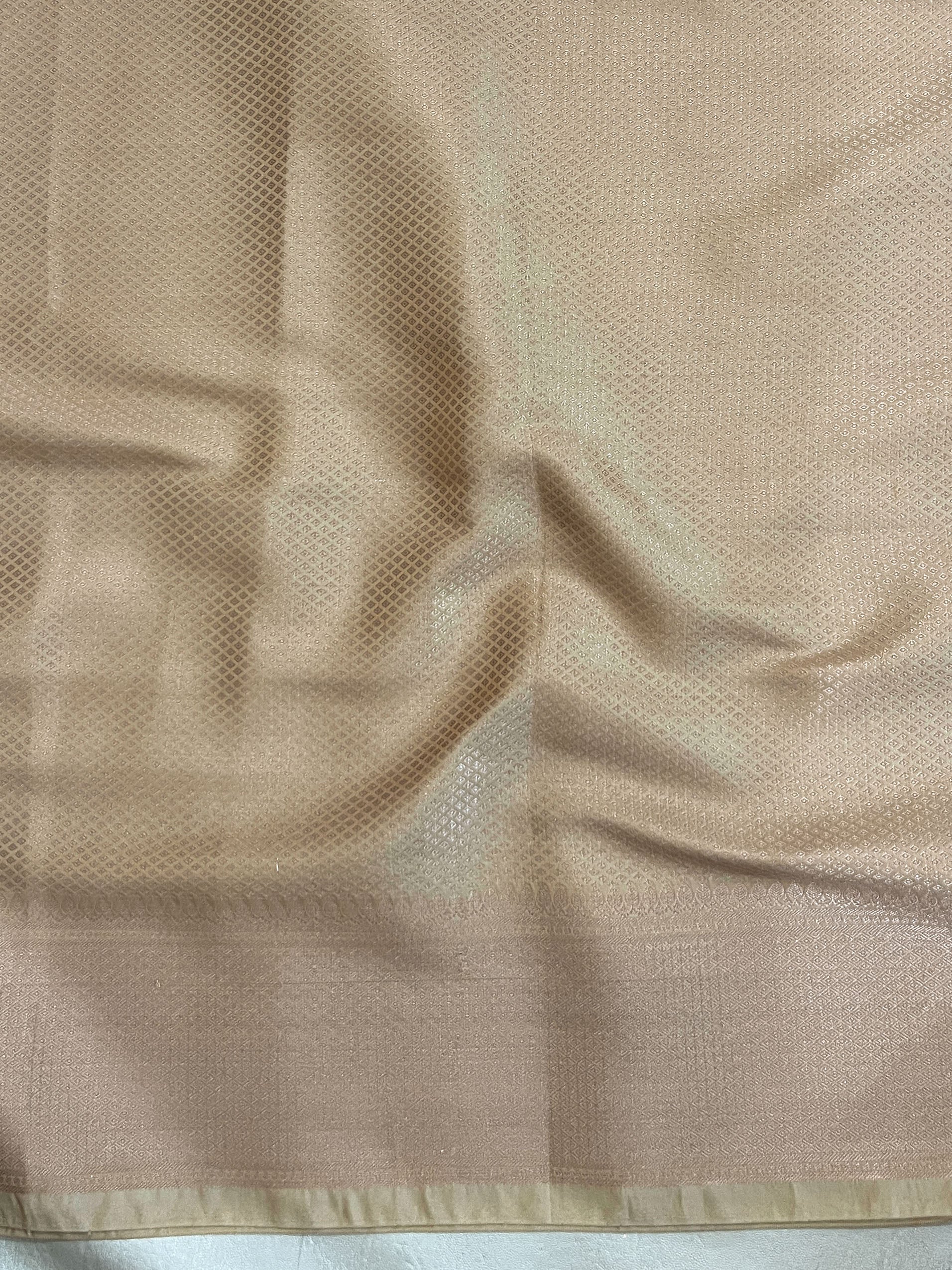 Banarasee Handwoven Semi Silk Saree With Silver Zari Jaal Design-Beige