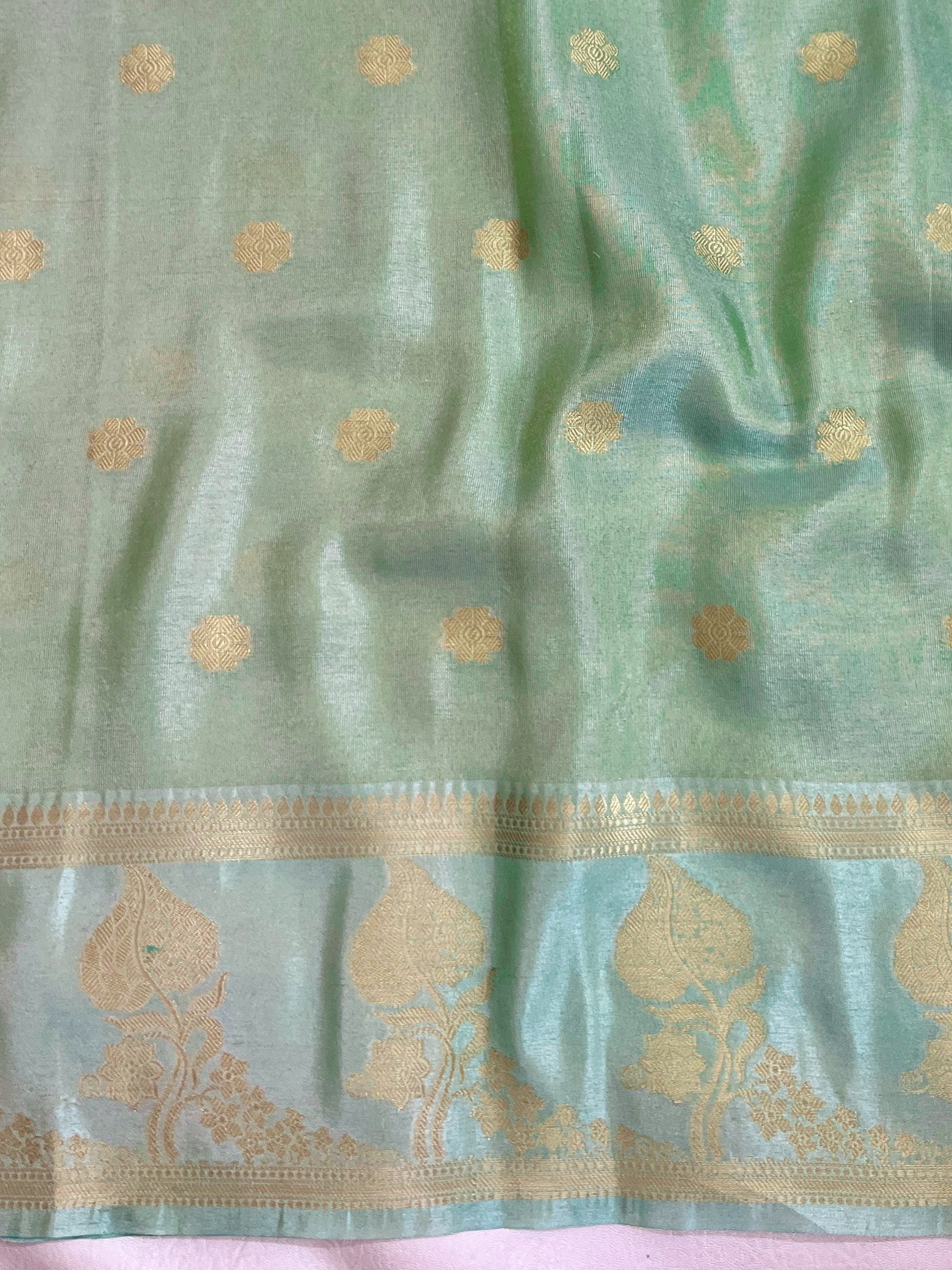Banarasee Handwoven Soft Tissue Saree With Zari Border & Buti Design-Pastel Green