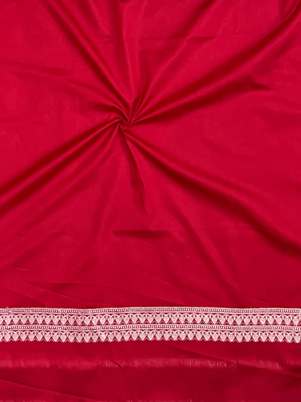 Banarasee Handloom Semi Katan Silk Saree With Zari Buti Work & Contrast Border-White & Red