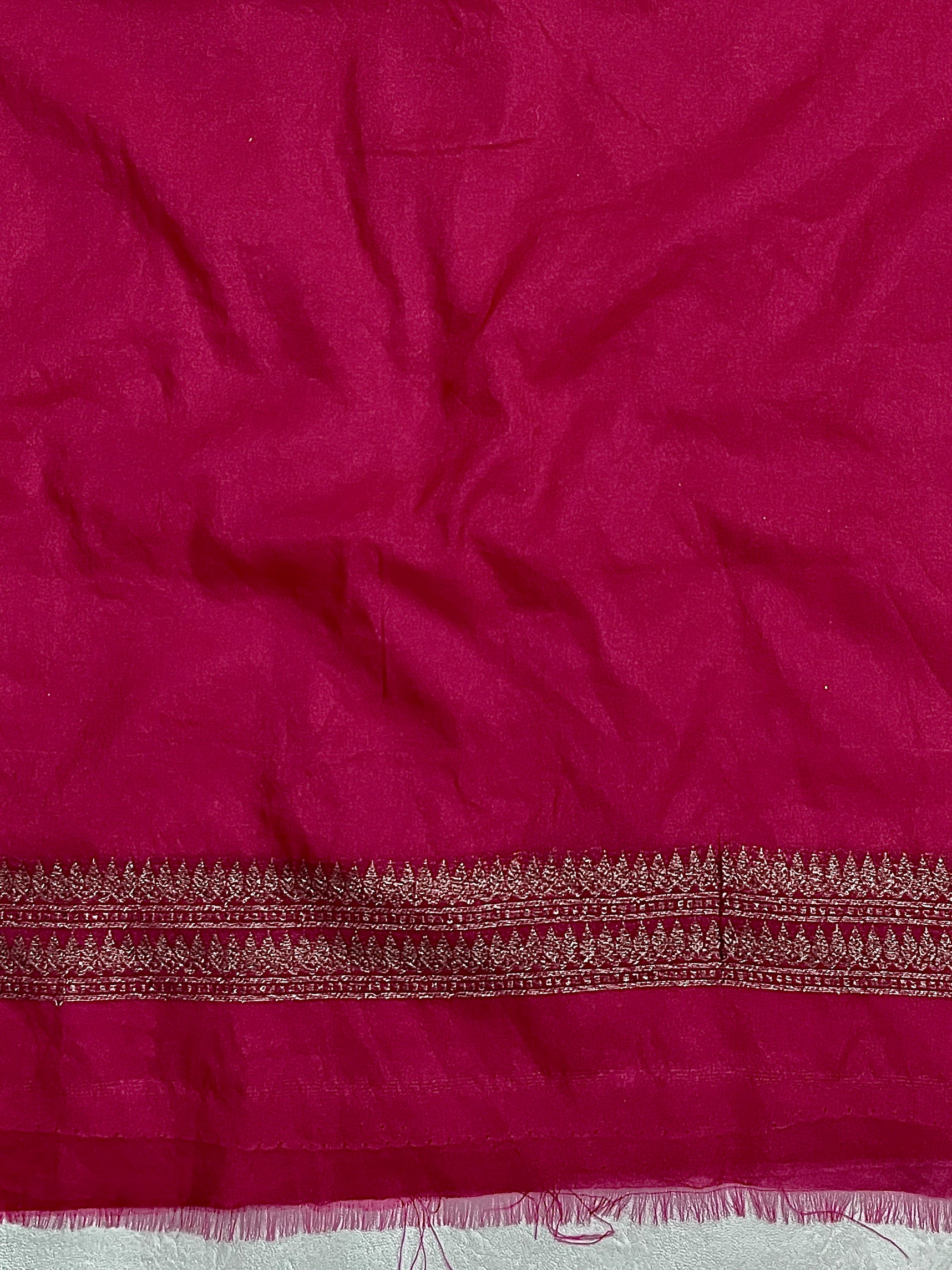 Banarasee Semi-Chiffon Antique Zari Saree With Floral Border-Hot Pink