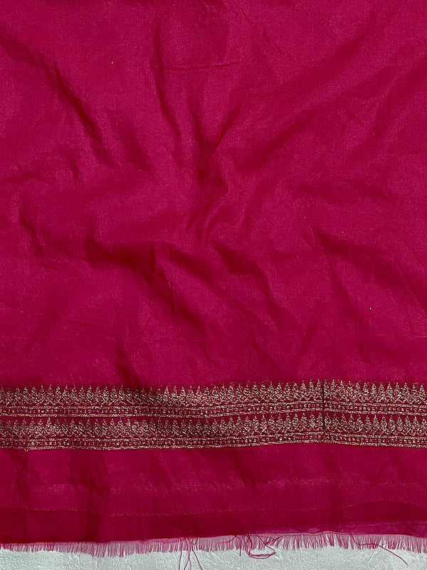 Banarasee Semi-Chiffon Antique Zari Saree With Floral Border-Hot Pink
