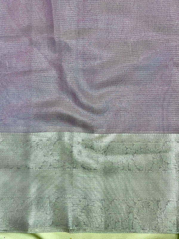 Banarasee Handloom Tissue Saree With Silver Zari Border-Lavender