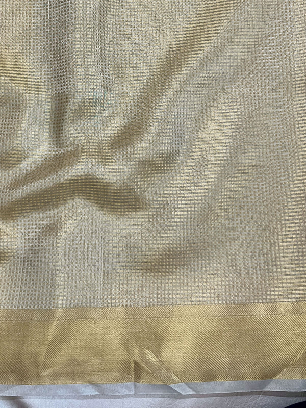Banarasee Tissue Saree With Checks Design & Lace-Gold