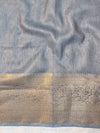 Banarasee Dual Color Pure Linen Saree With Zari Border & Lace-Grey & Lemon Yellow