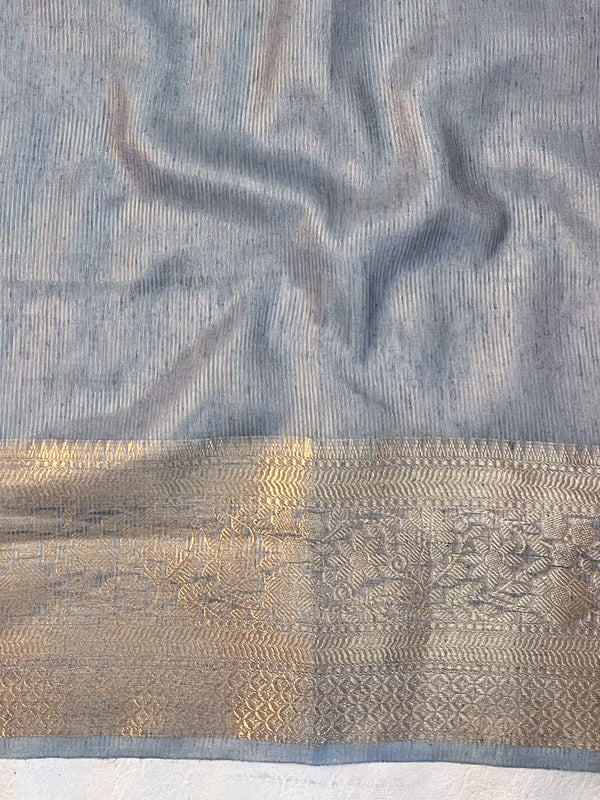 Banarasee Dual Color Pure Linen Saree With Zari Border & Lace-Grey & Lemon Yellow
