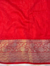Banarasee Handwoven Plain Tissue Saree With Zari Border & Lace-Red