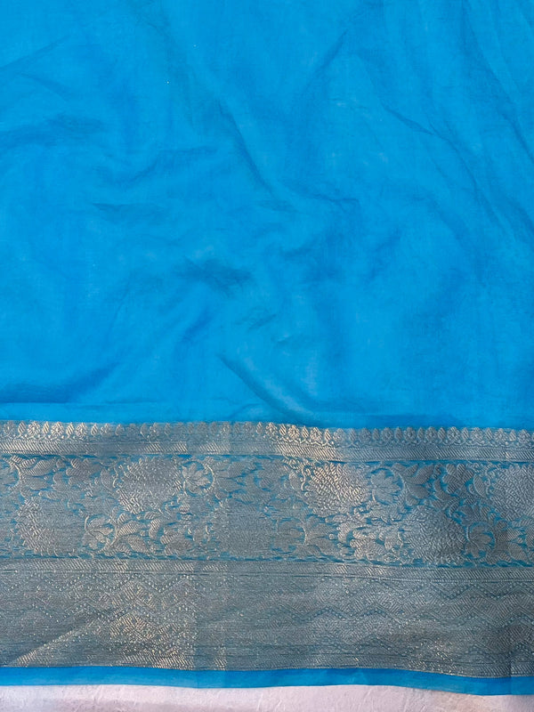 Banarasee Handwoven Plain Tissue Saree With Zari Border & Lace-Sky Blue