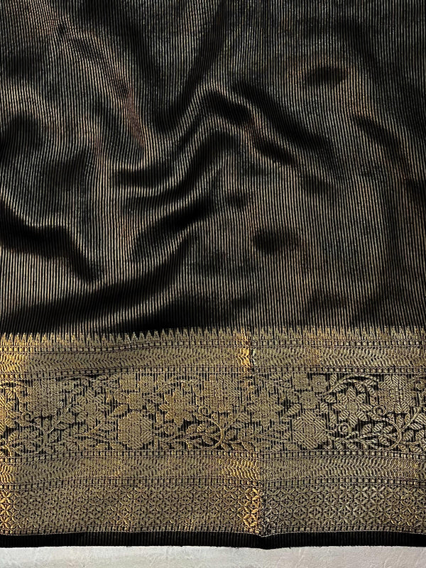 Banarasee Dual Color Pure Linen Saree With Zari Border & Lace-Black & Light Pink