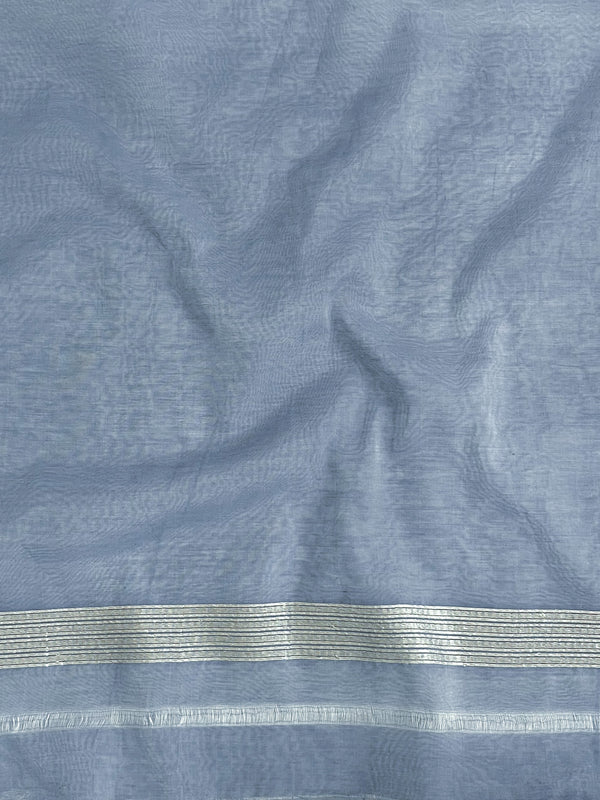 Banarasee Jamdani Cotton Saree With Zari Buti Design & Floral Border-Light Blue