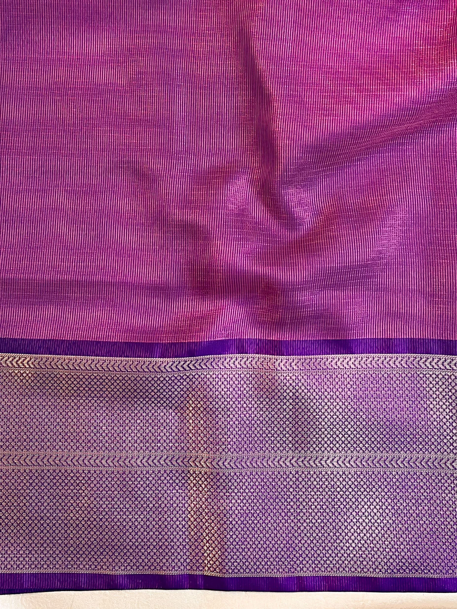 Banarasee Handwoven Plain Tissue Saree With Contrast Border & Lace-Baby Pink & Violet