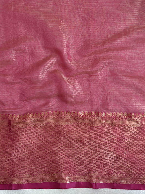 Banarasee Handloom Tissue Saree With Broad Contrast Border-Yellow & Pink