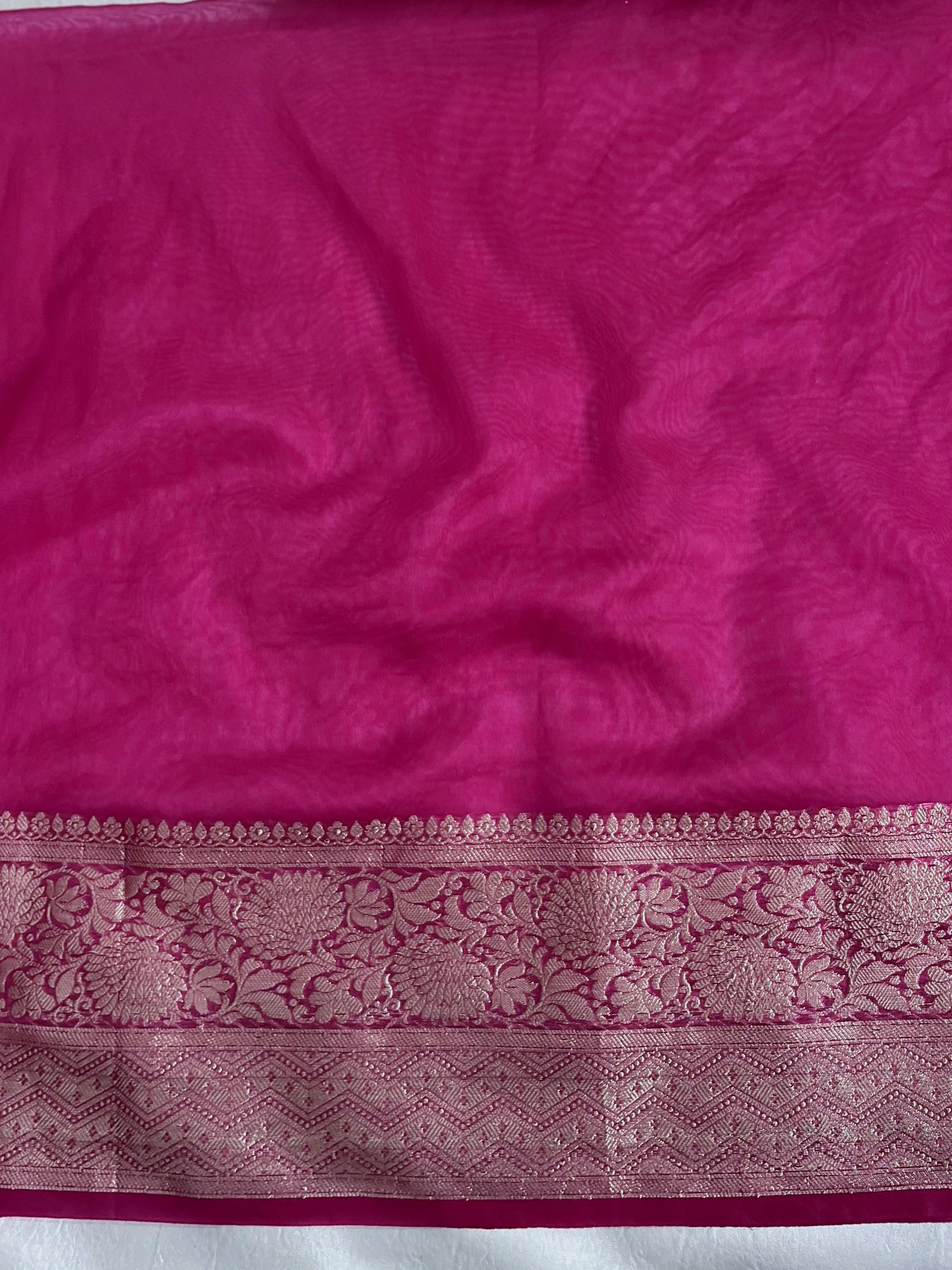Banarasee Handwoven Plain Tissue Saree With Zari Border & Lace-Rani Pink
