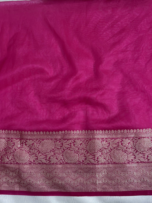 Banarasee Handwoven Plain Tissue Saree With Zari Border & Lace-Rani Pink