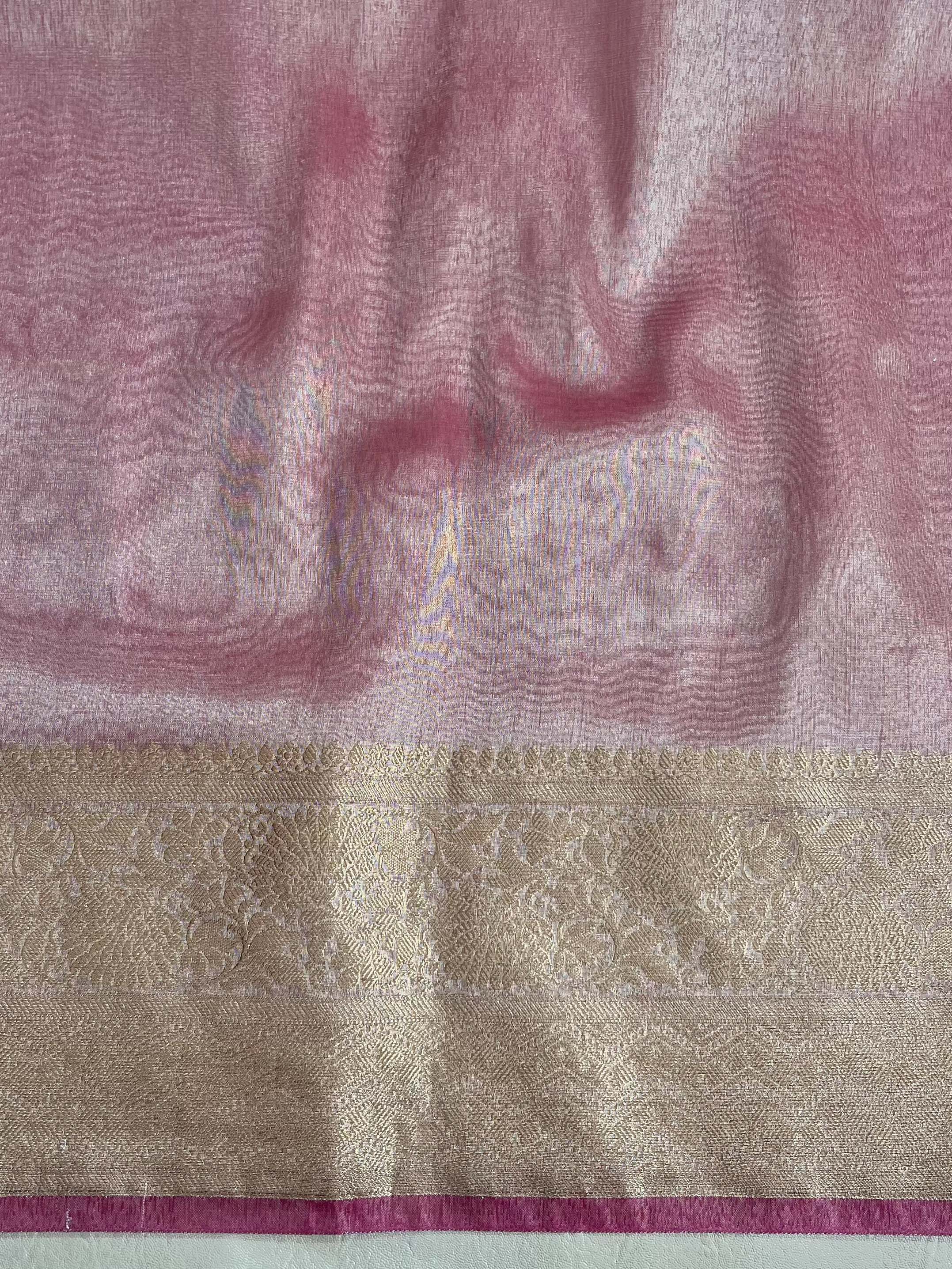 Banarasee Handwoven Plain Tissue Saree With Zari Border & Lace-Light Pink