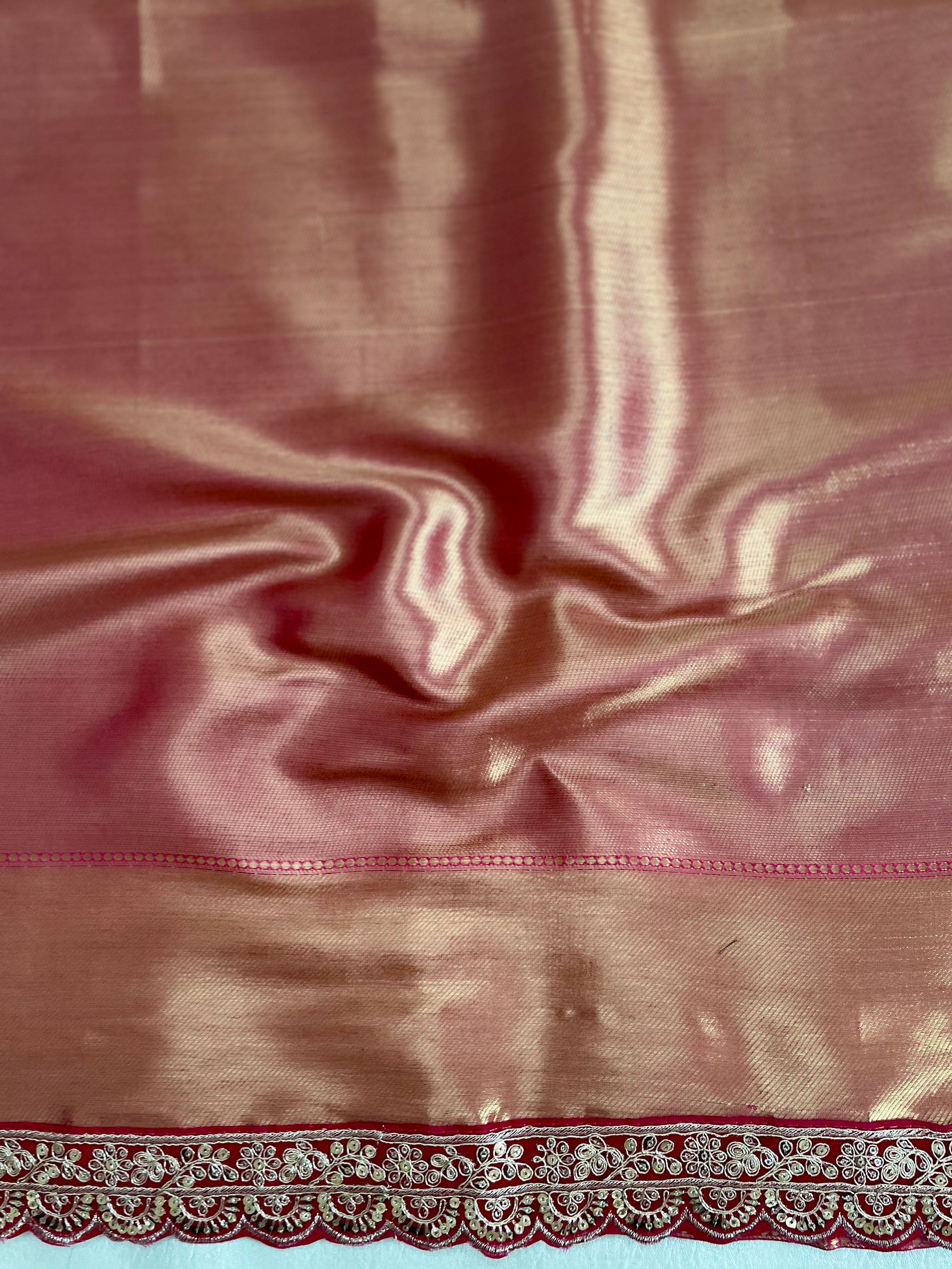 Banarasee Handwoven Tissue Saree With Silver Zari Design & Lace Border-Light Pink (Dual Tone)