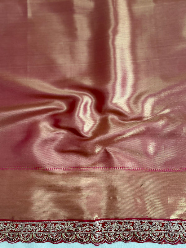 Banarasee Handwoven Tissue Saree With Silver Zari Design & Lace Border-Light Pink (Dual Tone)