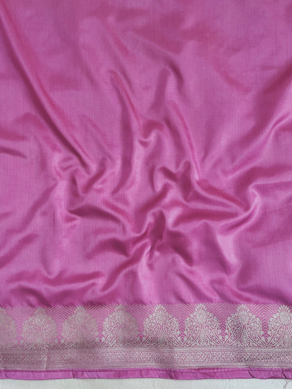 Banarasee Handwoven Mashru Silk Saree With Zari Buti Design Border & Lace-Onion Pink