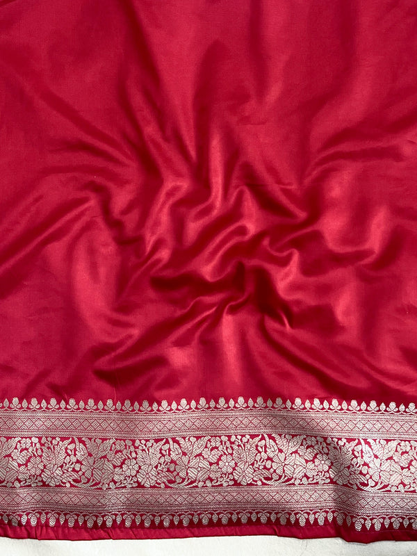 Banarasee Handwoven Mashru Silk Saree With Zari Buti Design Border & Lace-Cherry Red
