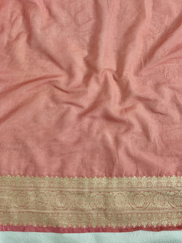 Banarasee Chiffon Saree With Golden Zari Jaal Design Border & Lace-Peach