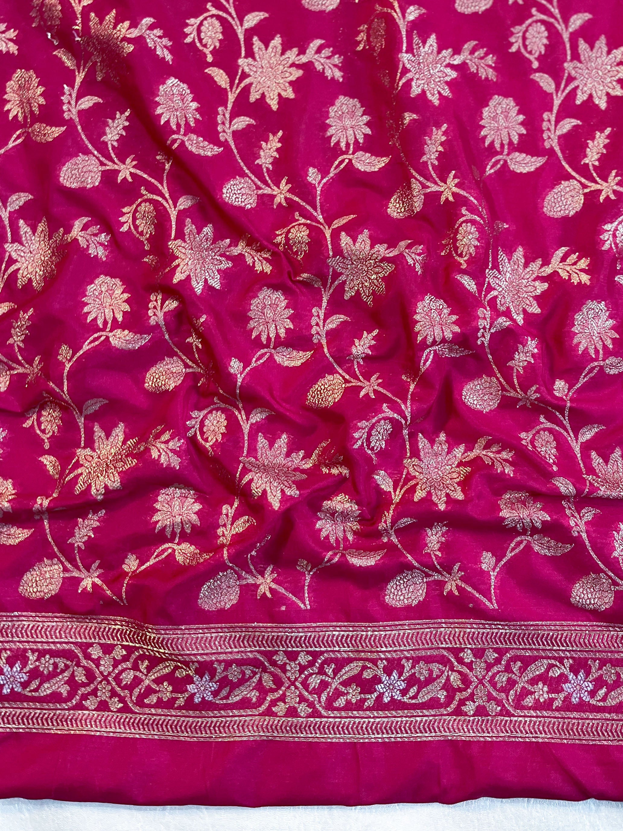 Banarasee Handwoven Semi Katan Saree With Sona Rupa Zari Buta Design Border & Lace-Hot Pink