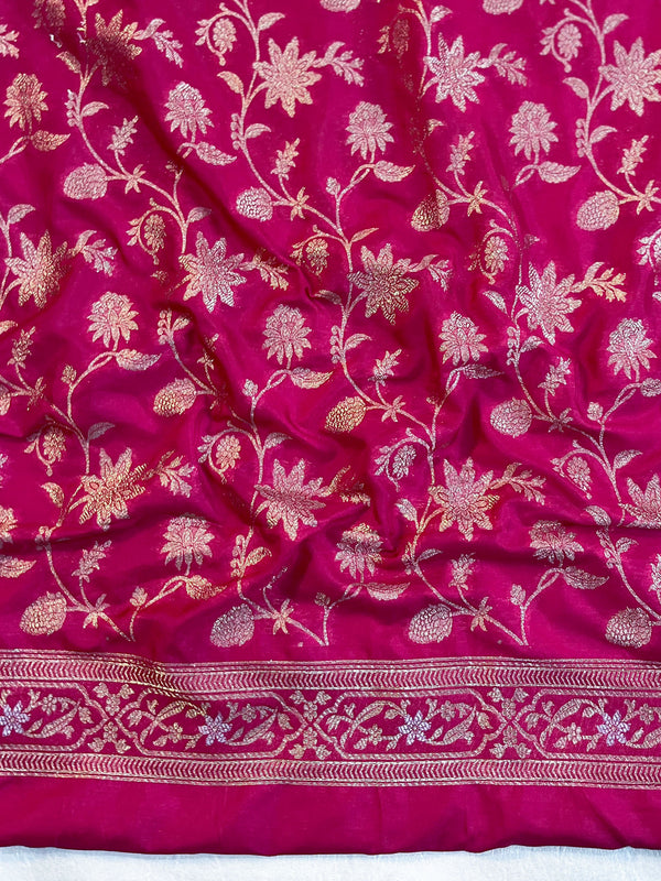 Banarasee Handwoven Semi Katan Saree With Sona Rupa Zari Buta Design Border & Lace-Hot Pink
