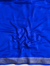 Banarasee Handwoven Mashru Silk Plain Saree With Sona Rupa Zari Contrast Border & Lace-Red & Blue