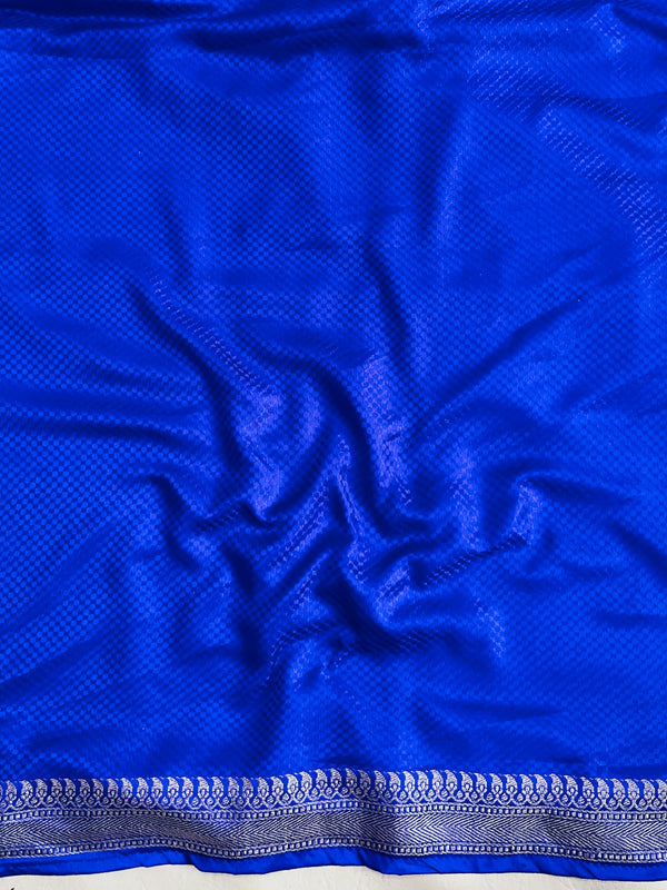 Banarasee Handwoven Mashru Silk Plain Saree With Sona Rupa Zari Contrast Border & Lace-Red & Blue