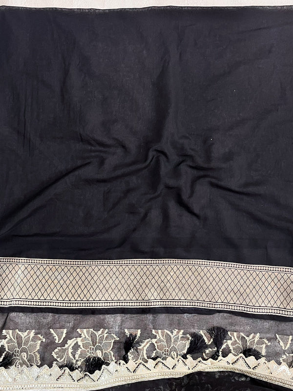 Banarasee Chiffon Saree With Golden Zari Floral Design Border & Lace-Black