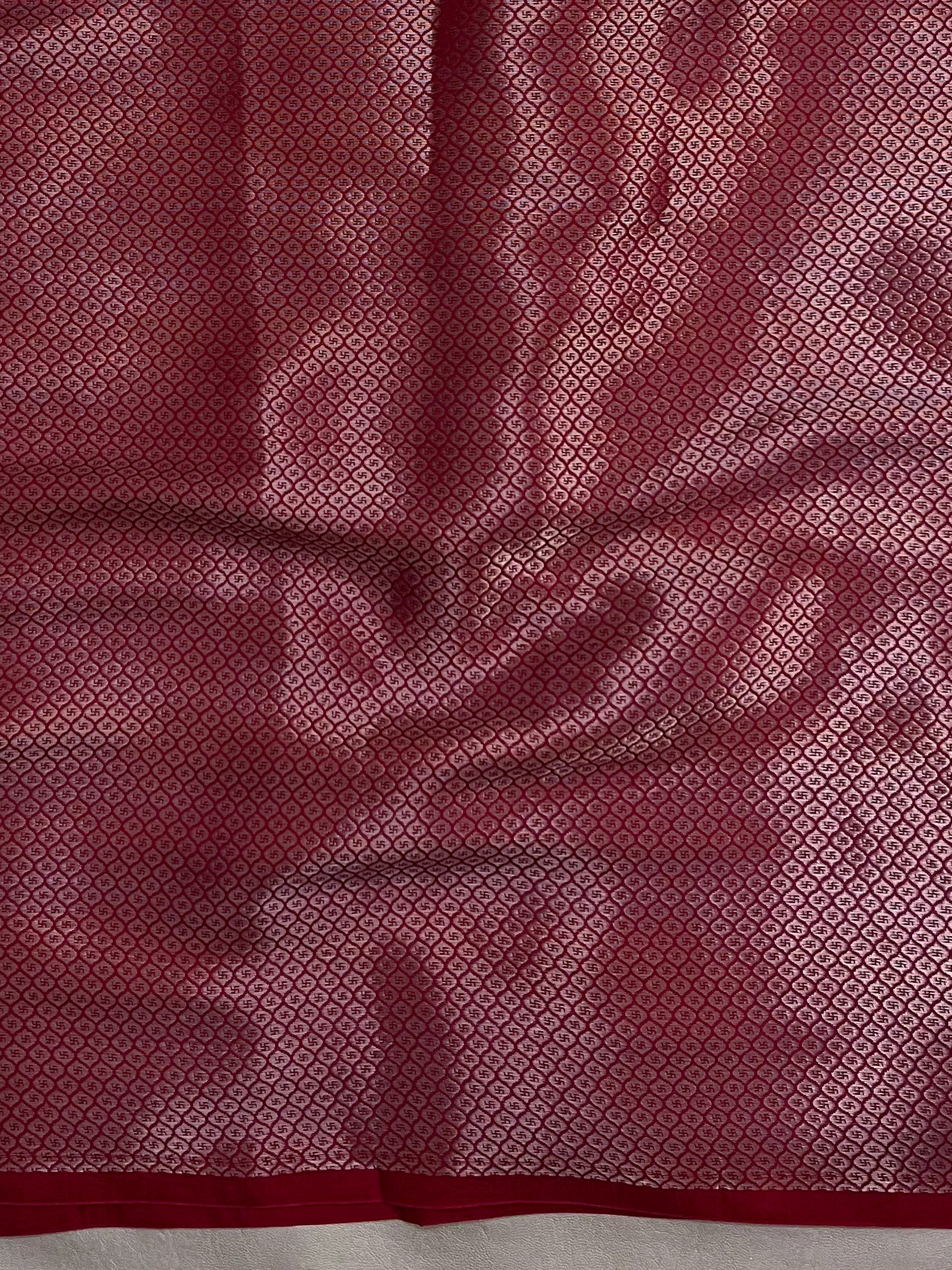 Banarasee Handloom Semi Katan Silk Saree With Zari Buta Work & Floral Border-Rose Red