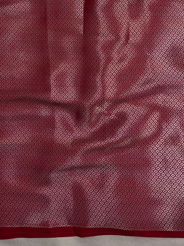 Banarasee Handloom Semi Katan Silk Saree With Zari Buta Work & Floral Border-Rose Red