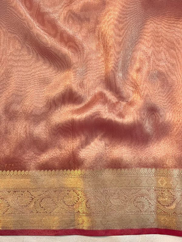 Banarasee Handwoven Tissue Saree With Zari Buti Design & Lace-Coral Orange