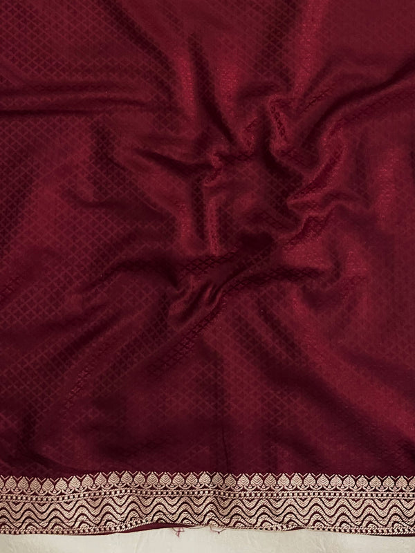 Banarasee Handwoven Mashru Silk Saree With Sona Rupa Zari Buta Design Border & Lace-Dark Maroon