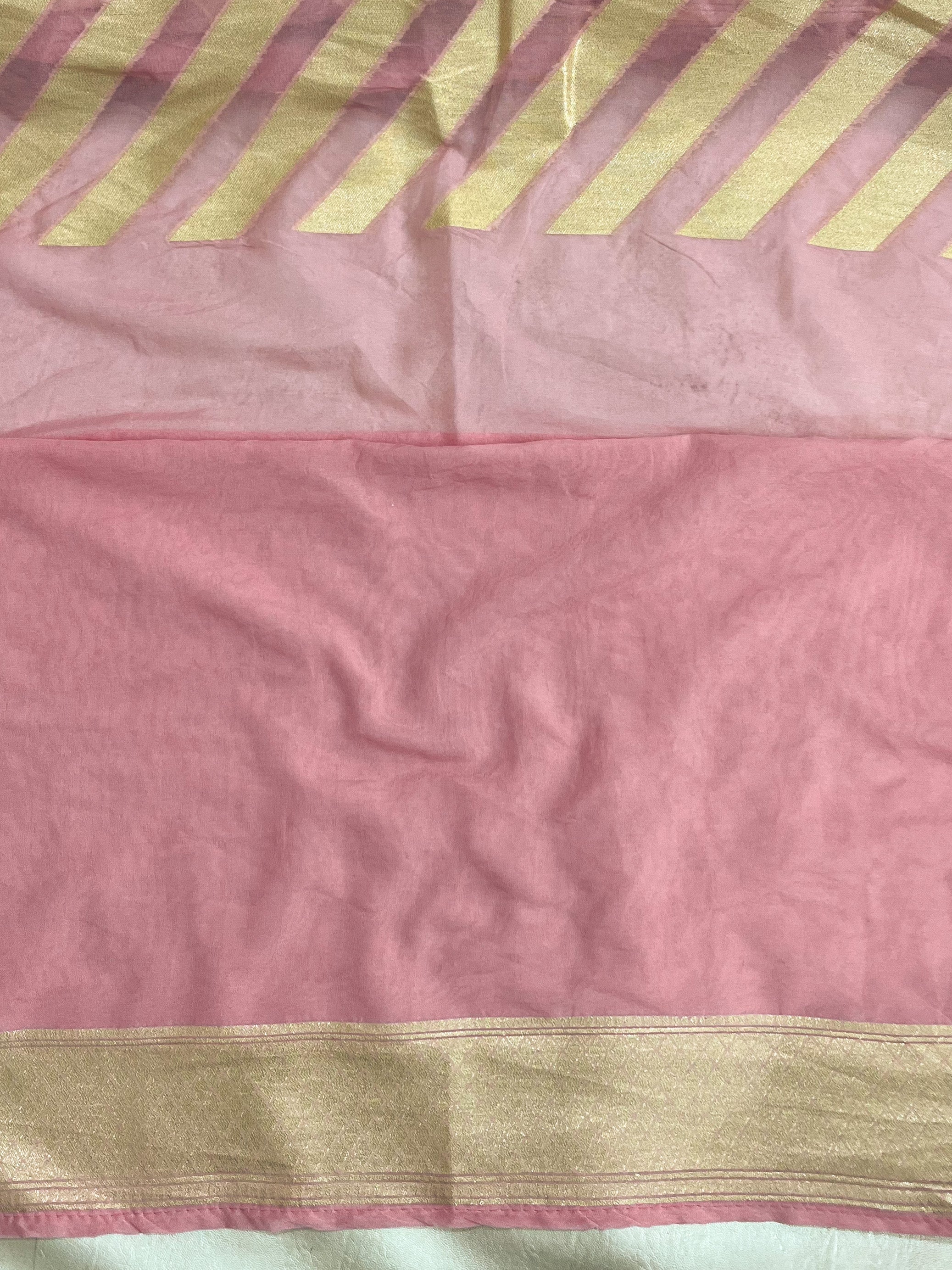 Banarasee Chiffon Saree With Golden Stripes Design Border & Lace-Baby Pink