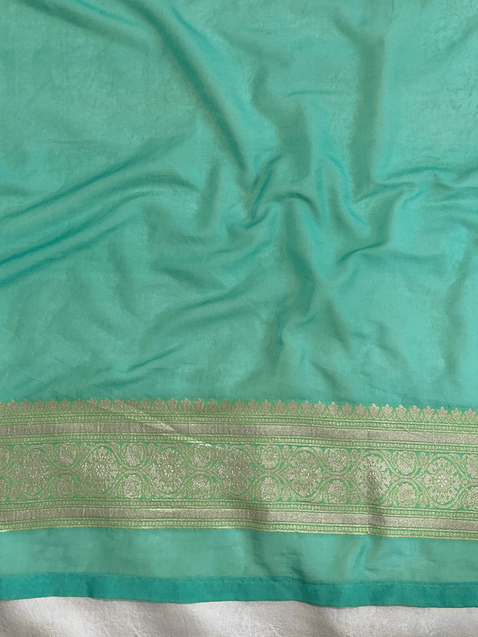 Banarasee Chiffon Saree With Golden Zari Jaal Design Border & Lace-Aqua Green