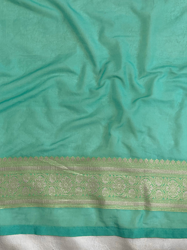 Banarasee Chiffon Saree With Golden Zari Jaal Design Border & Lace-Aqua Green