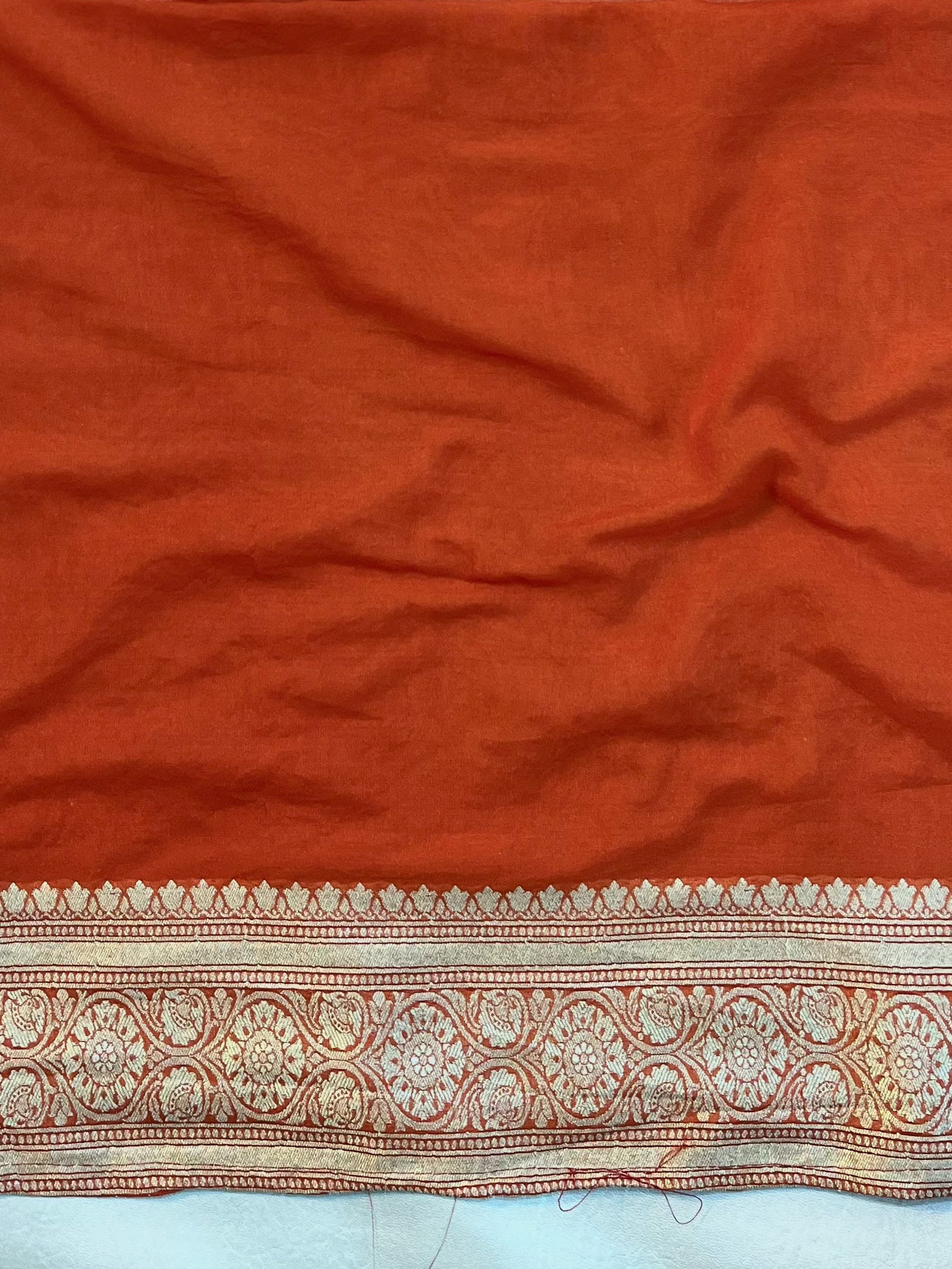 Banarasee Chiffon Saree With Gold Zari Buti Design Border & Lace-Orange